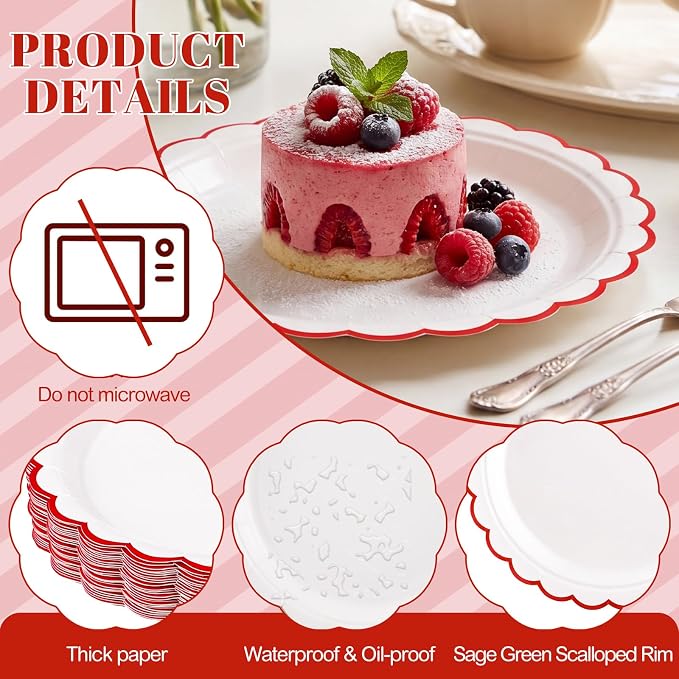 NatNarr 30 Pk Red Paper Plates 7" Scalloped Red White Dessert Cake Plates | - Image 3