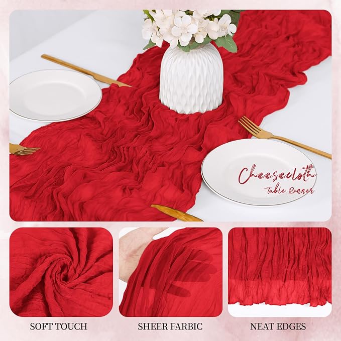 6 Pack Red Cheesecloth Table Runner 17x108 Inch Semi Sheer Boho Gauze Cheese - Image 3