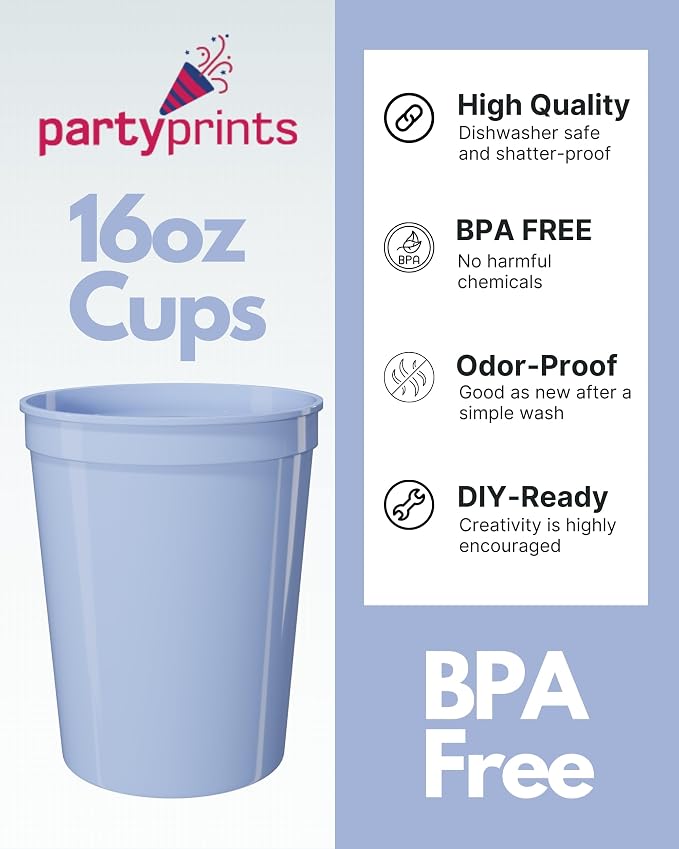 PartyPrints 100 Pack 16 oz Placid Blue Reusable Blank Plastic Cups, Stadium - Image 2