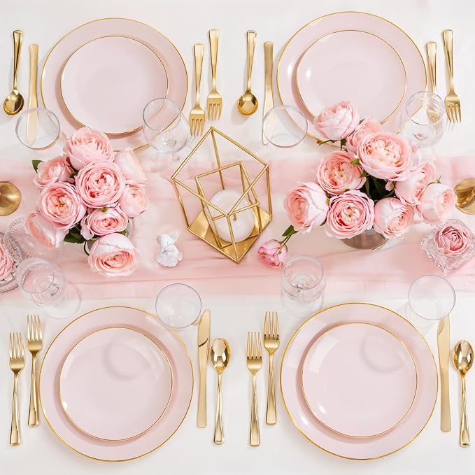 Nervure 100PCS Pink and Gold Plastic Plates, 10.25″ Disposable Dinner Plate | - Image 9