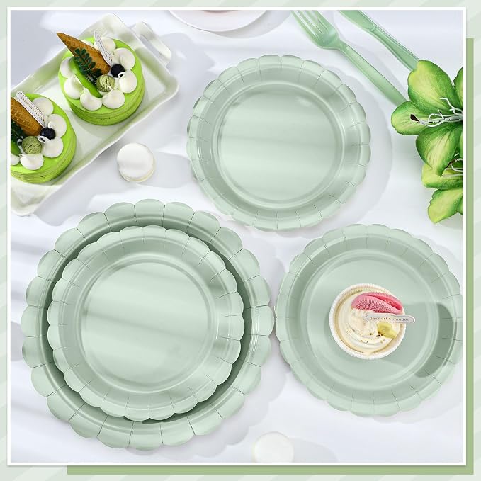 NatNarr 30 Pk Appetizer Cake Cockatil Plates 7" Scalloped Sage Green Plates | - Image 4