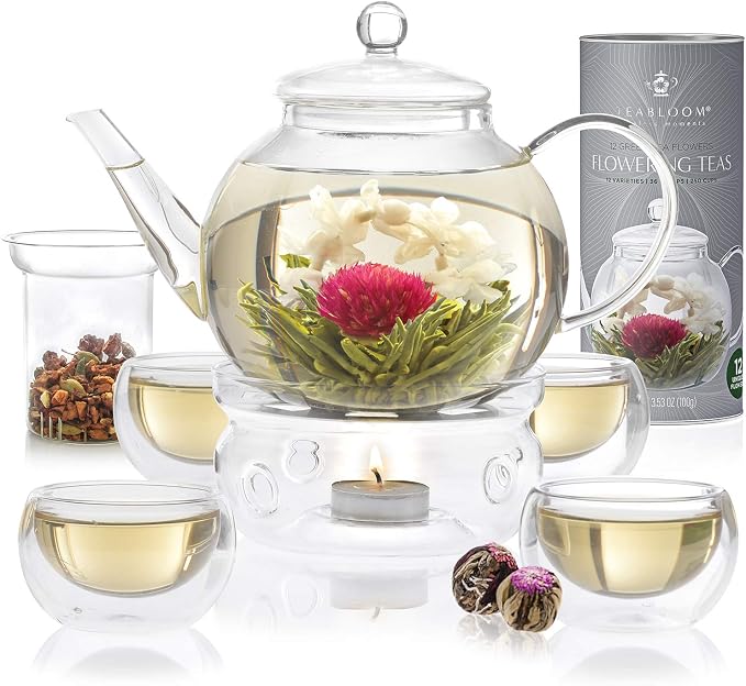 Teabloom Complete Glass Tea Set – Teapot, Loose Tea Infuser, 4 Insulated Teacups by Teabloom