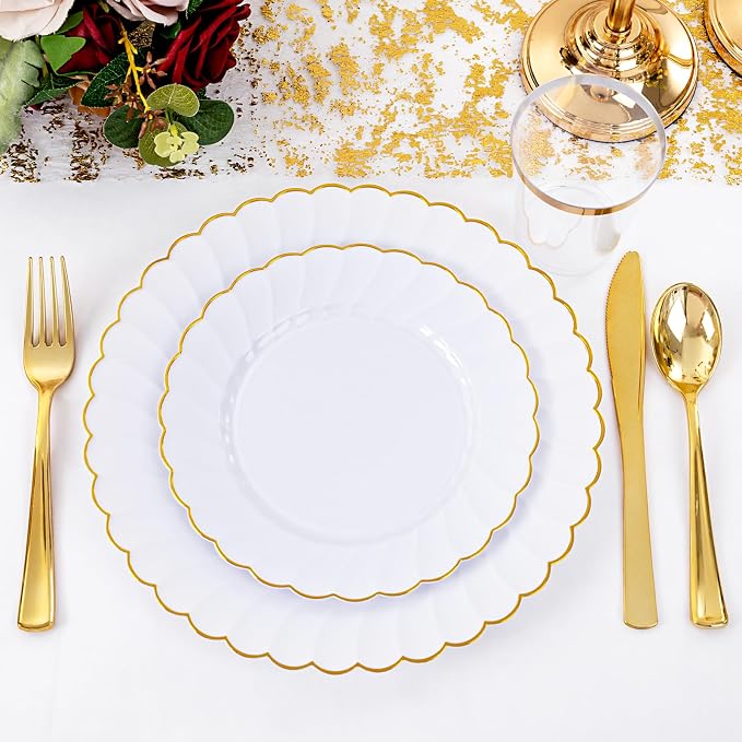 YOUBET 350PCS White and Gold Scalloped Plastic Plates - Image 8