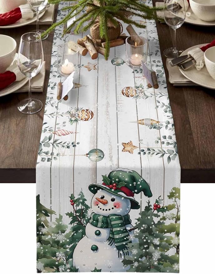 Christmas Snowman Table Runner 72 Inches Long, Xmas Trees Eucalyptus Leaves by Unknown