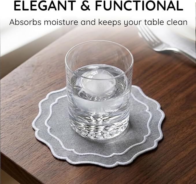 Linen Coasters for Drinks, 4.5 inch, Scalloped Edge, Reusable Handmade Coffee - Image 5