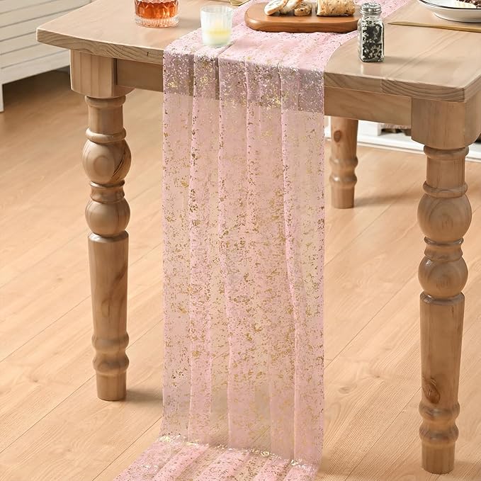 Artoid Mode 10Pcs Pink Gauze Gold Table Runner 10FT, Glitter Metallic Foil - Image 5
