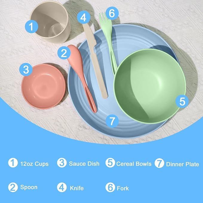 wheat straw bowls, cups and cutlery sets 28 pcs - Image 3