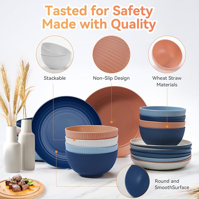 Wheat Straw Dinnerware Sets, 64-Piece Plates and Bowls Sets - Image 4