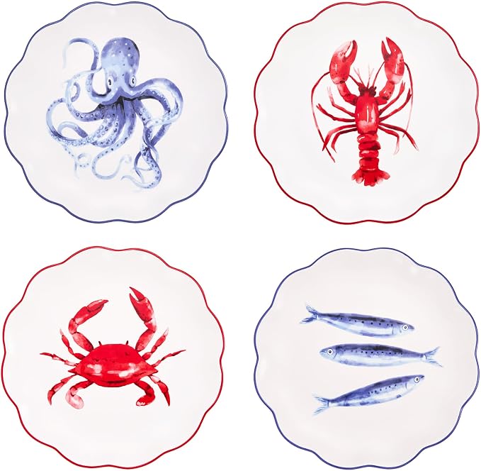 Bico Ocean Wonders Scalloped Salad Plates Set of 4, 8.75 Inch Ceramic Dessert by Bico