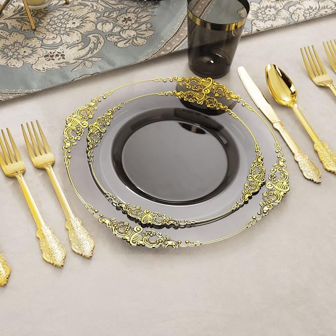 Nervure 175Pcs Black Plastic Plates, Plastic Dinnerware Set - Image 4