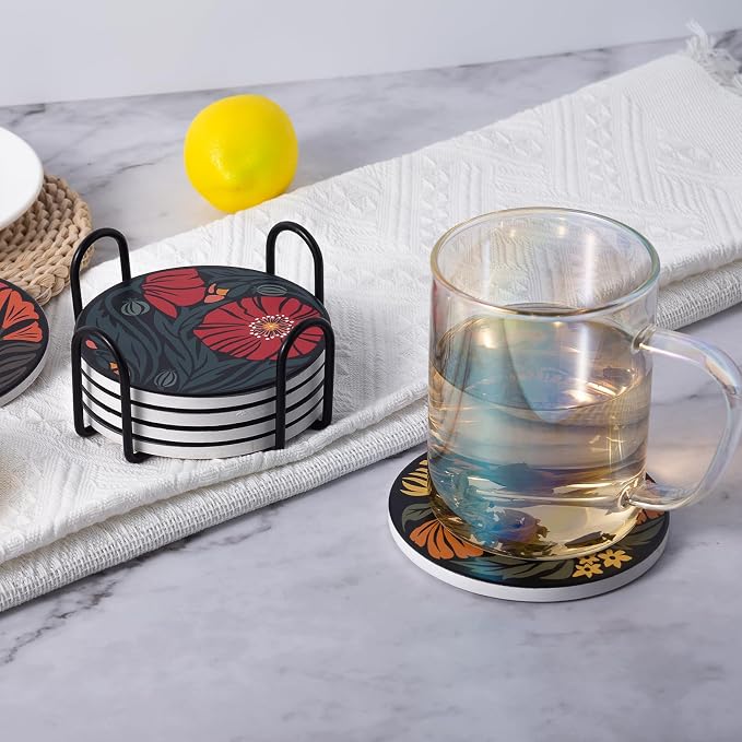 Ceramic Coasters Absorbent Non Slip 6pcs 4 Inch Artistic Flower | Drink Coaster - Image 6