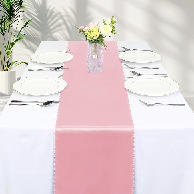 VACVELT Blush Pink Satin Table Runners, 12x72 Inch, 2 Pack, Scalloped Edge | - Image 8