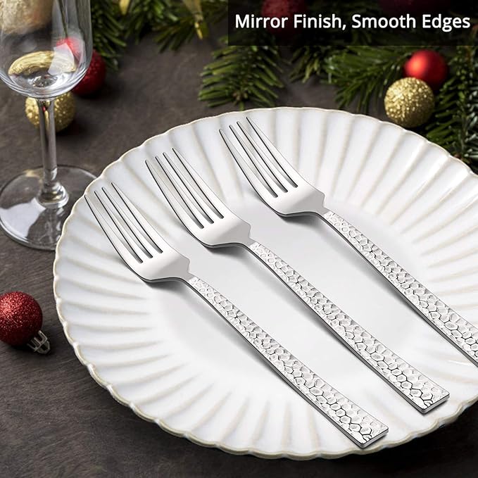 E-far Stainless Steel Dinner Forks Set of 12, Hammered Square Handle | 7.9Inch - Image 3