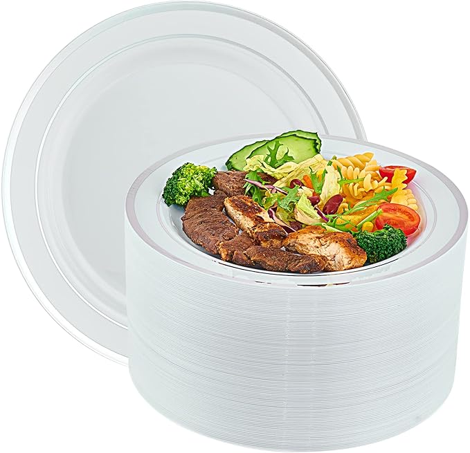 Vplus 100 Pack 10in Silver Rimmed White Disposable Plastic Plates by Vplus