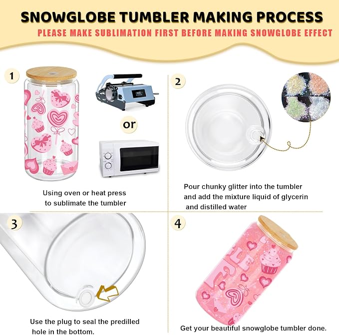 16 Oz Snow Globe Tumbler, 4 Pack Pre-Drilled Sublimation Glass Cup - Image 3