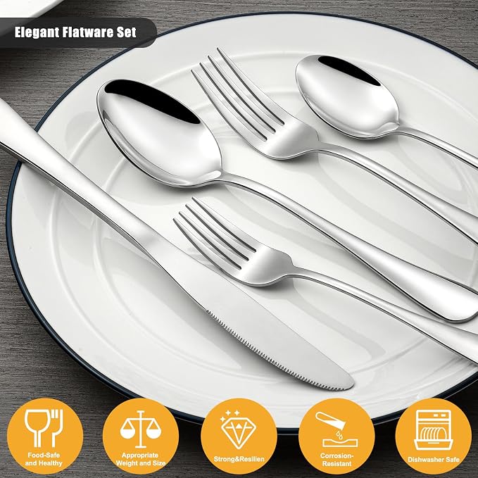 Compralo Silverware Set for 12, Stainless Steel 60 Piece Flatware Set | Mirror - Image 4