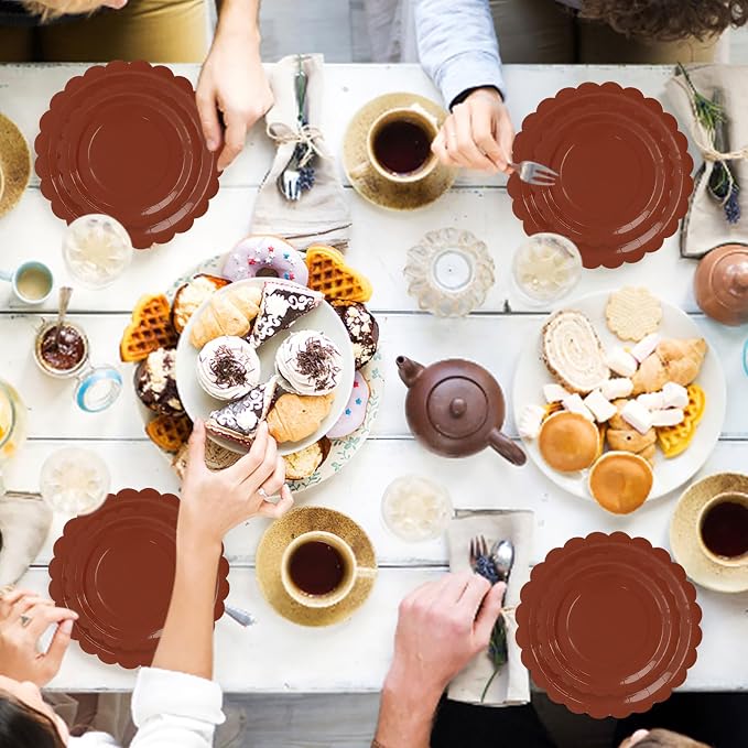 50 Pcs Brown Scalloped Paper Plates 25 × 7'' and 25 × 9'' Disposable Brown - Image 4