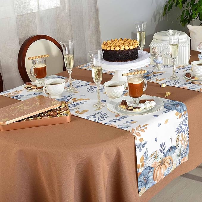 Blue Pumpkin Fall Table Runner 120 Inches Long, Thanksgiving Floral Eucalyptus - Image 5