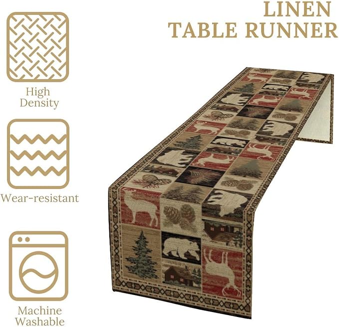 Rustic Bear Table Runner, Vintage Cottage Country Style Pine Tree Elk Wildlife - Image 4