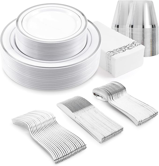 350-Piece Silver Rim Plastic Dinnerware Set by VajilaPhil