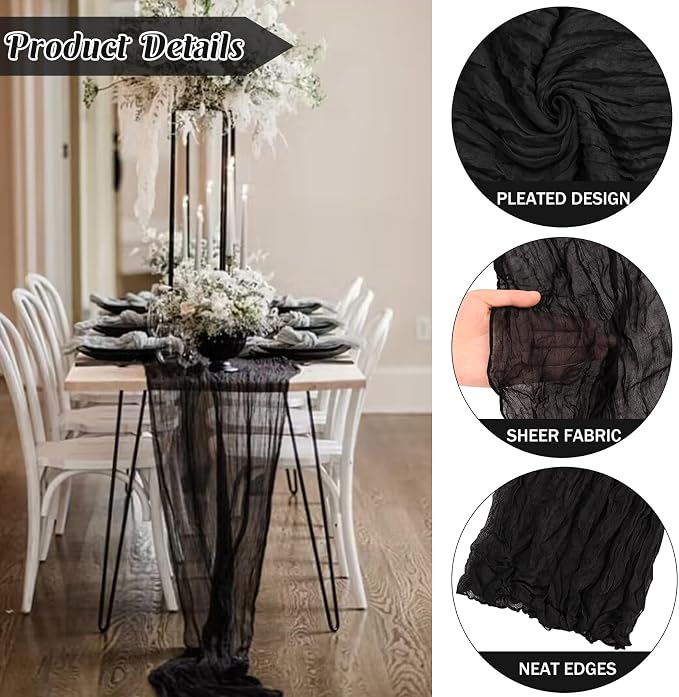 Black 10FT Cheesecloth Table Runner Boho Gauze Fabric Table Runner Rustic Sheer - Image 2