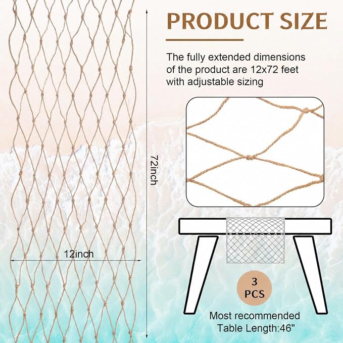SATINIOR 3 Pcs 12 x 72'' Fishing Net Table Runner Party Decoration, Linen | - Image 3