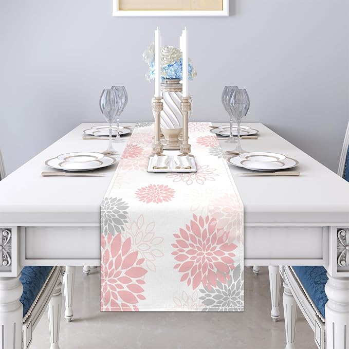 Dahlia Flower Table Runner 13x90 Inch Farmhouse Pink Gray Runners Modern Table - Image 3
