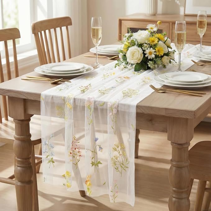 Artoid Mode 3PC Wildflower Floral Milky White Gauze Embroidery Table Runner 120 - Image 2