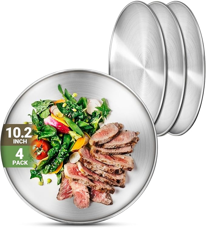 Metal Dinner Plate, 4 Pack 10.2 inch 304 Stainless Steel Plates, Reusable lunch by Offiper