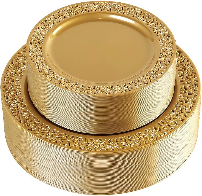 102 PCS Brown Gold Plastic Plates, Lace Design Disposable Plates, BPA Free by I00000