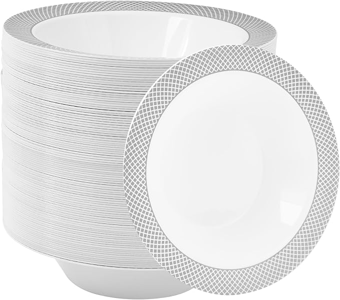 Plastic Bowls with Silver Grid Rim Disposable 12oz Bolws 100Pack | Disposable by JOLLYCHEF