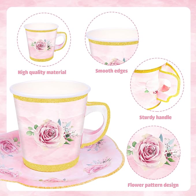 100 Pcs Paper Tea Cups and Plates Pink Floral Disposable Paper Teacups and - Image 3
