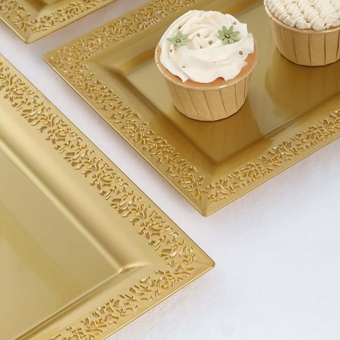 Efavormart 4 Pack | 14" Gold Lace Print Rectangular Plastic Serving Trays - Image 2