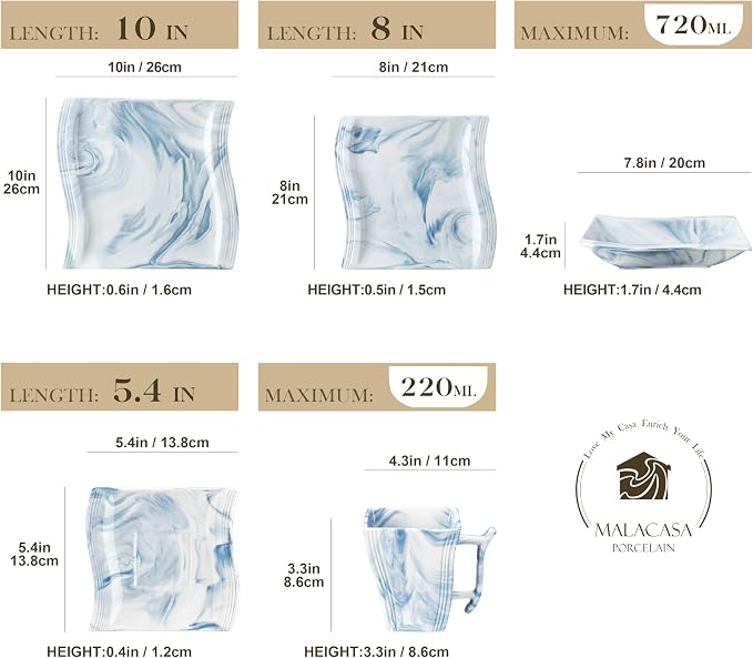 MALACASA Dinnerware Sets for 6, 30 Piece Porcelain Plates and Bowls Sets - Image 2