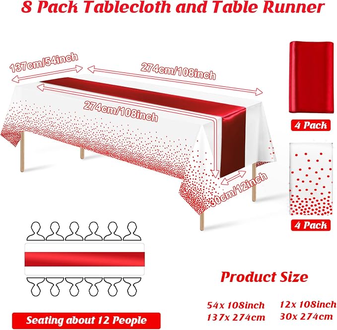 8Pack Disposable Plastic Tablecloths and Satin Table Runner Set White and Red - Image 2