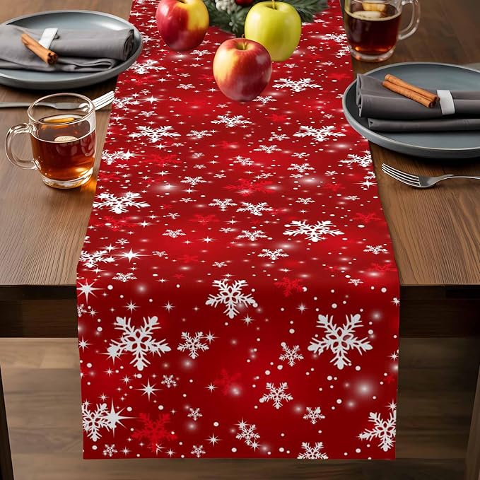 Red Christmas Table Runners 90 Inches Long, Cotton Linen Fabric Snowflake Table - Image 7