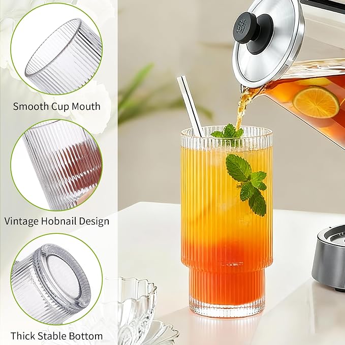Ribbed Drinking Glasses Set of 8, Stackable Cute Kitchen Glasses Cups 16oz and - Image 3