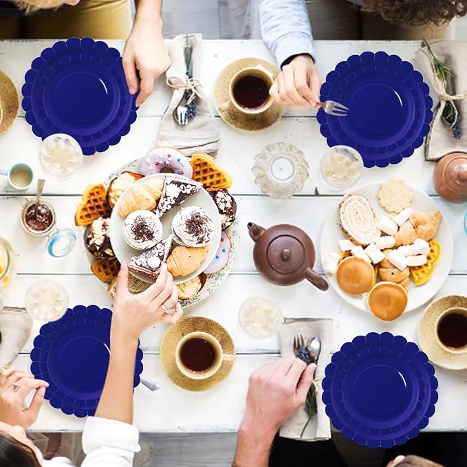 50 Pcs Blue Scalloped Paper Plates 25 × 7'' and 25 × 9'' Disposable Blue - Image 4