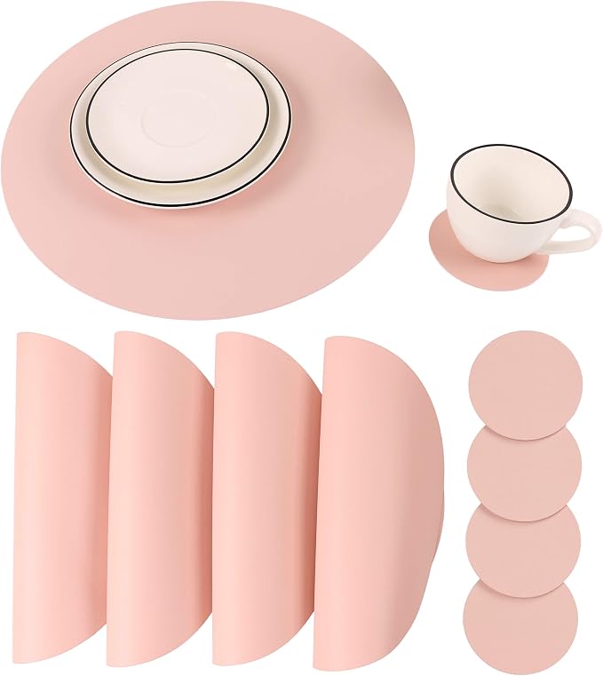Round Table Placemats and Coasters, Vinyl Faux Leahter Coffee Mats Kitchen Mats by JOVONO