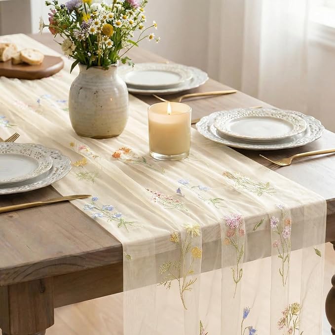 Artoid Mode 6PC Wildflower Floral Beige Apricot Gauze Embroidery Table Runner - Image 4