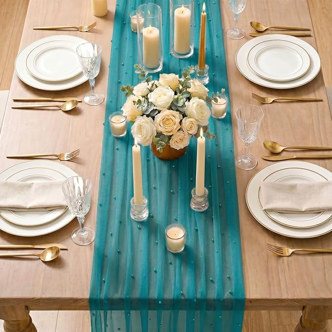 Artoid Mode Pearl Teal Gauze Table Runner 120 Inch 10FT, Seasonal Sheer Dining - Image 5