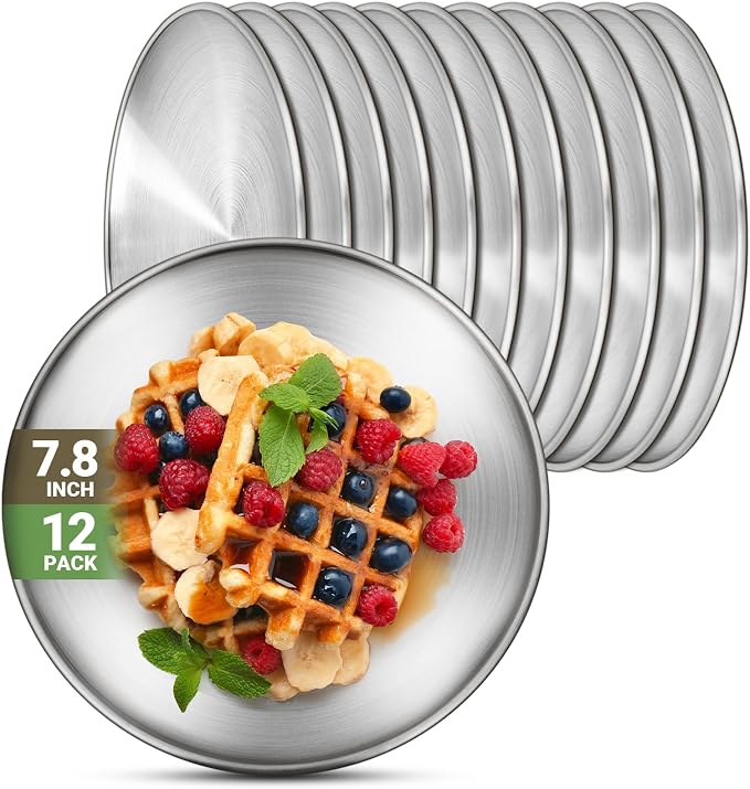 12 Stainless Steel Plates, 7.8 inch 304 Metal Camping Plate, Reusable Food by Offiper
