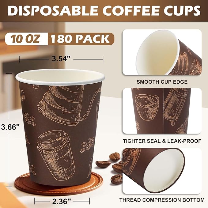 10 oz 180 Pack Disposable Paper Coffee Cups Hot/Cold Drinking Cups | Brown - Image 2