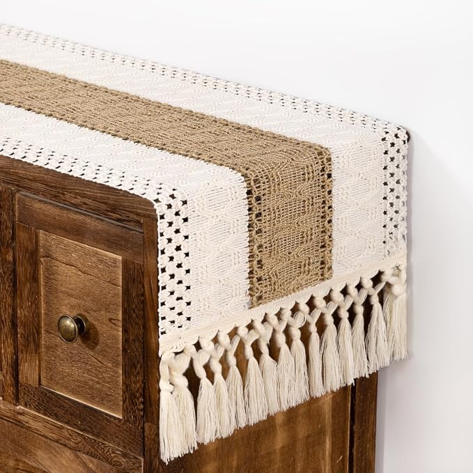 DeZerlor Ivory& Burlap Boho Macrame Farmhouse Woven Table Runner 60Inch | - Image 5
