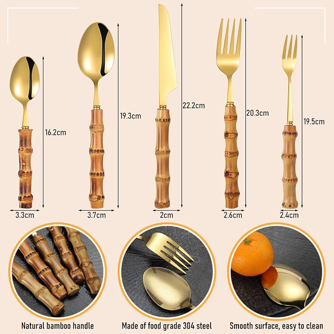Eboot Bamboo Silverware Set 18/8 Stainless Steel Tableware Set Natural Utensil - Image 2