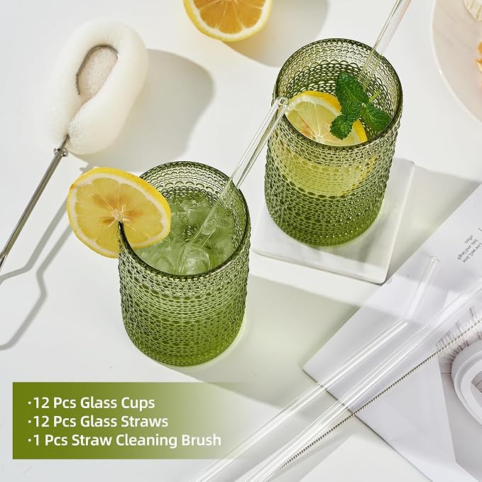 16oz Hobnail Drinking Glasses Set of 12, Vintage Large Capacity Embossed Green - Image 4