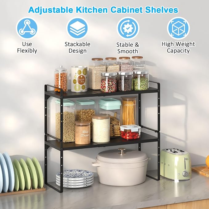 Set of 2 Expandable Cabinet Shelf Organizer, Stackable Kitchen Countertop - Image 3