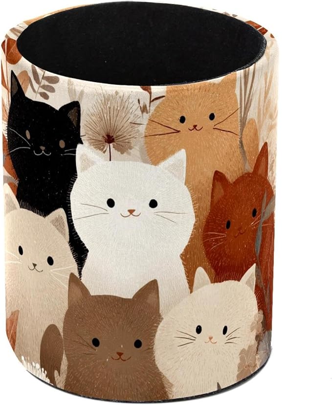Leather Pen Holder for Desk, Colored Cats Pattern Pencil Cup Pen Organizer by Unknown