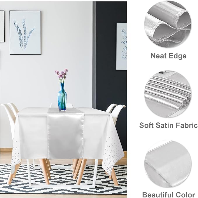 MASHAN 24Pack Disposable Plastic Tablecloths and Satin Table Runner Set White - Image 3