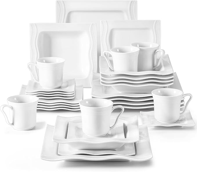 MALACASA 30 Pieces Dinnerware Sets, Modern Ivory White Plates and Bowls Sets by MALACASA